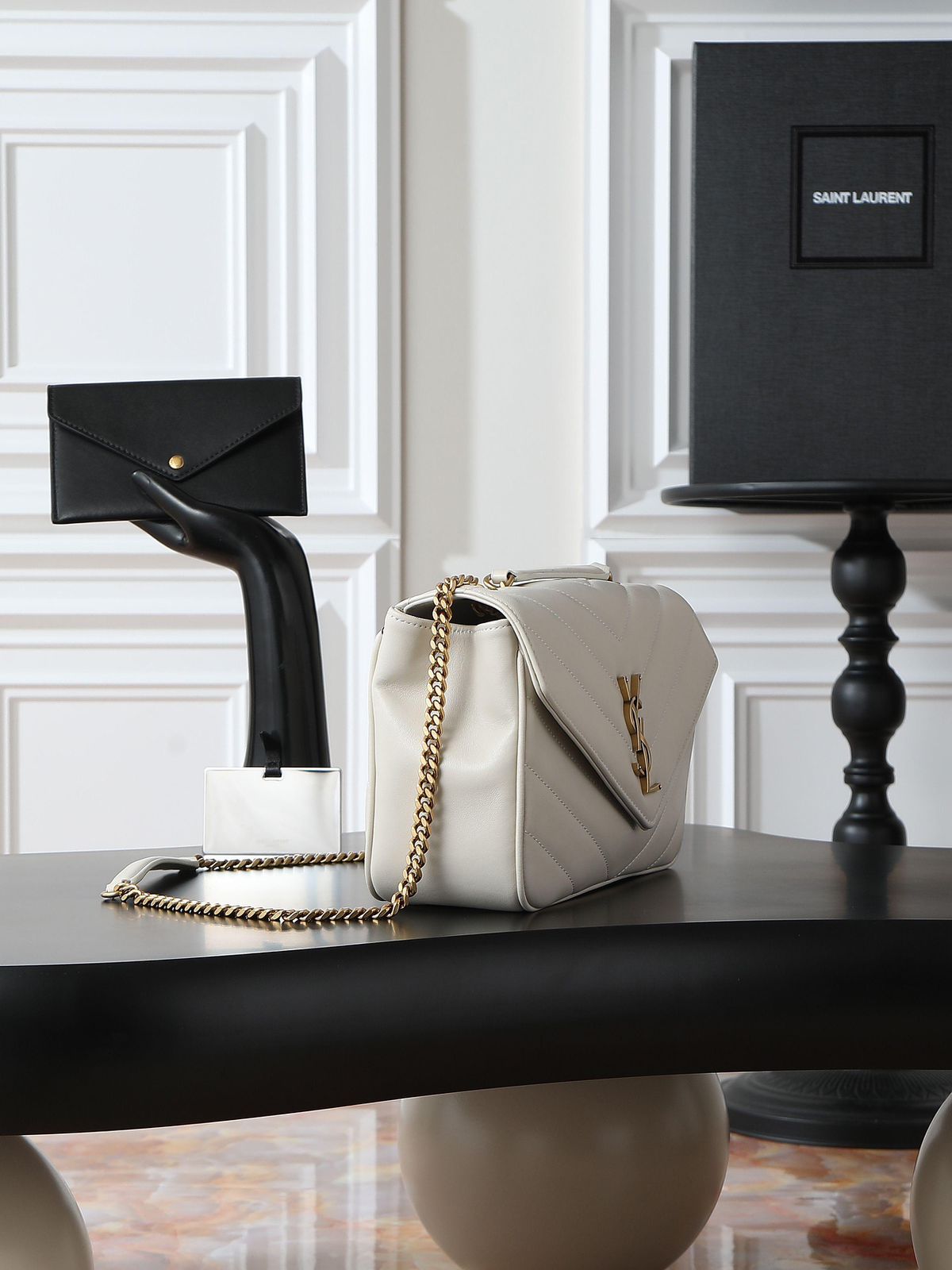 YSL “Luxe Ivory Quilted Chain Bag”